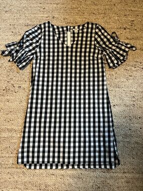 J. Crew Black and White Gingham Tie-Sleeve Dress